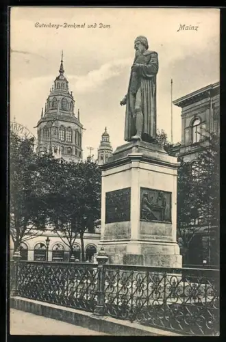 AK Mainz, Gutenberg-Denkmal und Dom