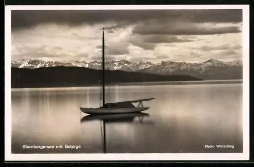 AK Starnbergersee, Seepartie mit Segelboot u. Gebirge