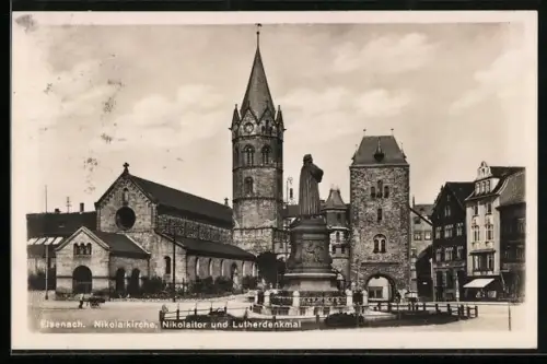 AK Eisenach, Nikolaikirche, Nikolaitor und Lutherdenkmal
