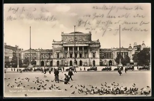 AK Leipzig, Tauben auf dem Augustusplatz, Neues Theater