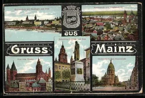 AK Mainz, Dom, Gutenberg-Denkmal, Christuskirche, Rheinansicht mit Stadthalle