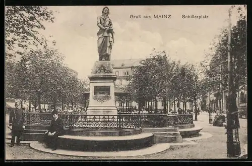AK Mainz, Schillerplatz mit Schillerdenkmal
