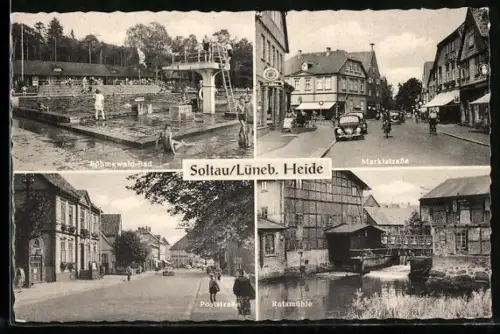 AK Soltau /Lüneb. Heide, Böhmewald-Bad, Marktstrasse, Poststrasse, Ratsmühle