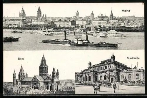AK Mainz, Rheinpanorama, Dom, Stadthalle