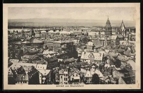 AK Mainz, Stadtansicht vom Stephansturm, Dom, Rheinbrücke