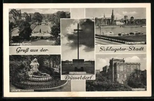 AK Düsseldorf, Schlageter-Ehrenmal, Königsallee, Märchenbrunnen, Rheinufer, Malerakademie
