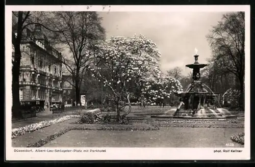 AK Düsseldorf, Albert-Leo-Schlageter-Platz, Parkhotel, Brunnenanlage
