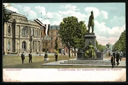 AK Düsseldorf, Alleestrasse mit Bismarck-Denkmal, Theater