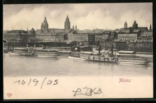 AK Mainz, Rheinansicht mit Dom und Dampfschiffen