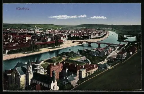 AK Würzburg, Stadtansicht mit Main und Alter Mainbrücke