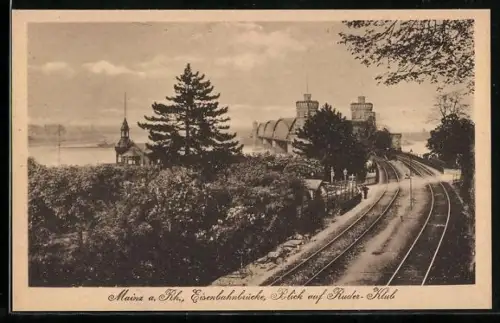 AK Mainz a. Rh., Eisenbahnbrücke, Blick auf Ruder-Klub