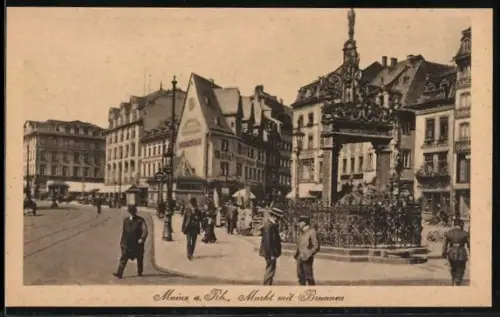 AK Mainz a. Rh., Markt mit Brunnen