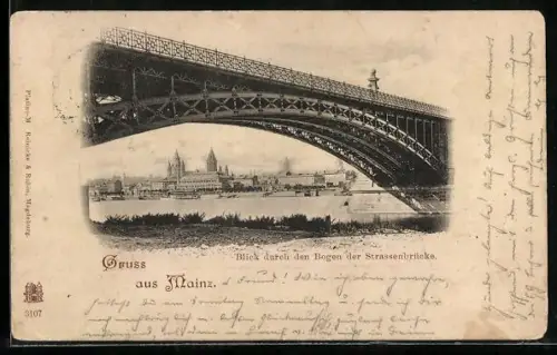 AK Mainz, Blick durch den Bogen der Strassenbrücke auf Stadt und Dom