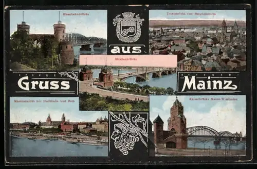 AK Mainz, Eisenbahnbrücke, Strassenbrücke, Kaiserbrücke Mainz-Wiesbaden