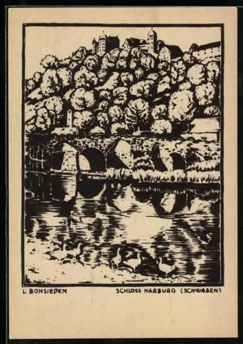Künstler-AK sign. L. Bonsieden: Harburg /Schwaben, Schloss Harburg, Brücke, Fluss