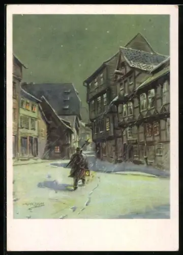 Künstler-AK sign. Walter Gemm: Halberstadt, Altstadt im Winter mit Fachwerkhäusern und Nachtwächter