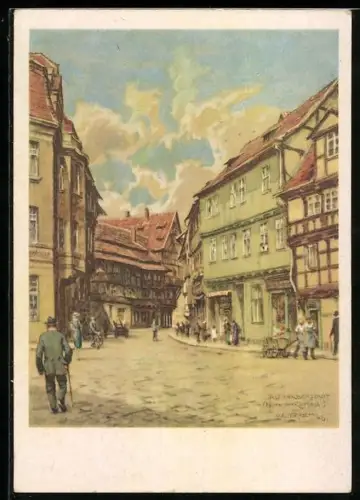 Künstler-AK sign. Walter Gemm: Halberstadt, Hinter dem Richthause, Strassenansicht, Fachwerkhäuser