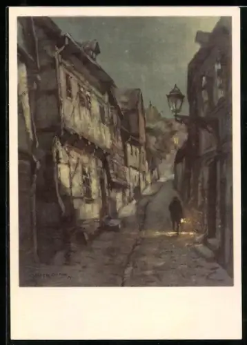 Künstler-AK sign. Walter Gemm: Halberstadt, Strasse mit alter Fachwerkarchitektur bei Nacht