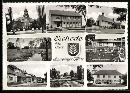 AK Eschede /Celle, Gut Schlossloh, Sparkasse, Kirche, Freibad, Augustenstrasse, Heideweg