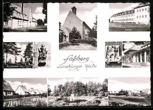 AK Fassberg /Lüneburger Heide, Kirche, Schule, Post, Traunerer Str., Post, Offiziersheim, Weisse Siedlung