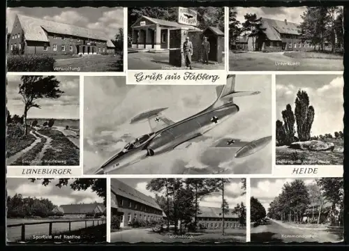 AK Fassberg, Verwaltung, Hauptwache, Unterkunft, Sportfeld mit Kantine, Kommandantur, Wohnblock, Flugzeug