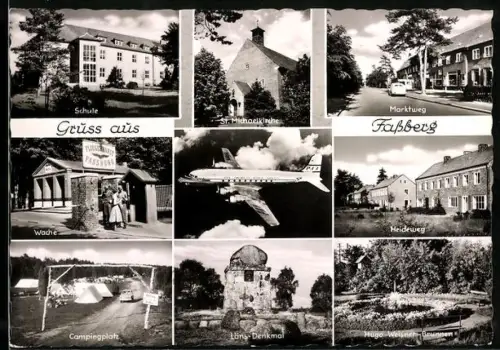 AK Fassberg, Schule, St. Michaelkirche, Marktplatz, Heideweg, Löns-Denkmal, Hugo-Weisner-Brunnen