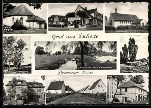 AK Eschede, Ev. Kirche, Hotel Drei Linden, Partie an der Aschau m. Badeanstalt, Hünengrab, Schule, Gemeindehaus