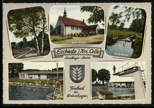 AK Eschede /Celle, Heideweg, Kath. Kirche, Freibad im Brümshagen