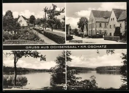 AK Ochsensaal /Oschatz, Anlagen an der Dorfstrasse, Gasthaus Fröhlich, Dammühlenteich