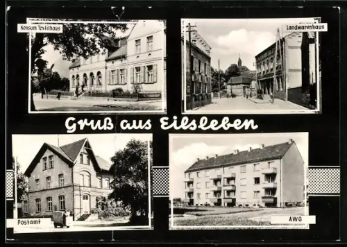 AK Eisleben, Konsum Textilhaus, Landwarenhaus, Postamt, AWG