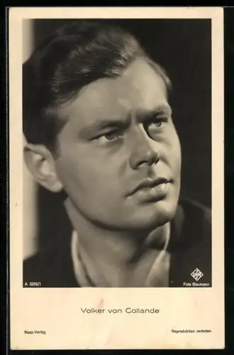 AK Schauspieler Volker von Collande, Blickt mit ernstem Ausdruck zur Seite