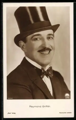 AK Schauspieler Raymond Grifith lächelnd mit Zylinder posierend
