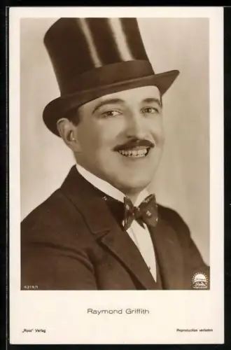 AK Schauspieler Raymond Grifith lächelnd mit Zylinder posierend