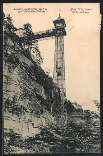 AK Bad Schandau /Sächs. Schweiz, Sendig`s elektrischer Aufzug zur Waldvillen-Kolonie