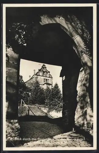 AK Hirschhorn am Neckar, Blick durch das Eingangstor auf den Barockgiebel des Schlosses