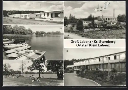 AK Gross Labenz /Sternberg, FDGB-Erholungsobjekt Willi Schröder, Bungalows, Klein Labenzer See mit Badstrand