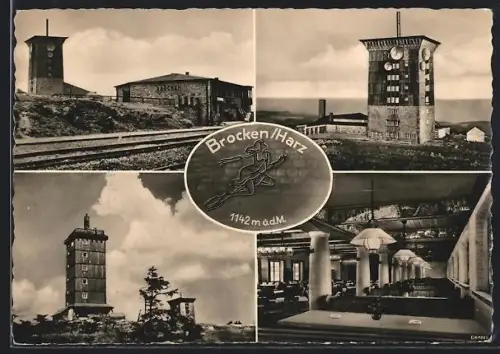 AK Brocken /Harz, Brockenhotel, Aussichtstürme und Hotelinnenraum