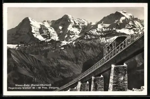 AK Niesen-Bahn auf dem Hegernalp-Viadukt, Blick auf die Berge