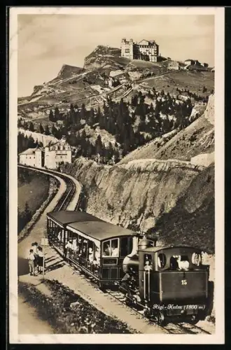 AK Bergbahn auf der Rigi-Kulm, Blick hinauf zum Hotel Schreiber, Zahnradbahn