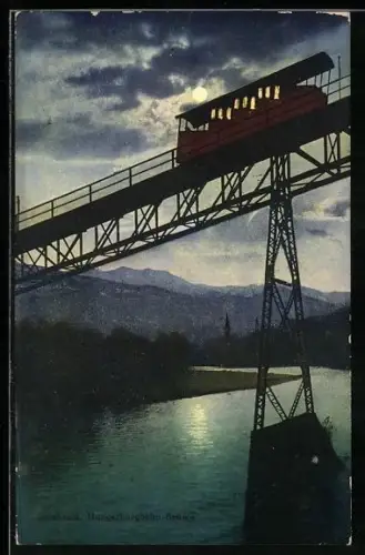 AK Innsbruck, Hungerburgbahn-Brücke bei Mondschein