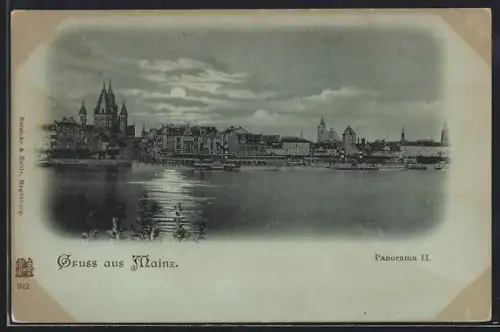 Mondschein-AK Mainz, Panorama der Stadt vom Wasser aus