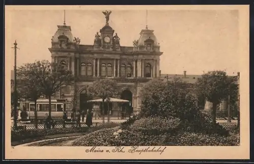 AK Mainz a. Rh., Hauptbahnhof mit Strassenbahn v. d. Anlagen aus