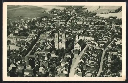 AK Oschatz, Fliegeraufnahme der Innenstadt mit Kirche