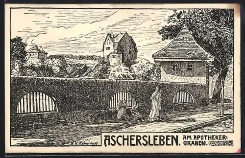 Künstler-AK Aschersleben, Am Apothekergraben, Brückenpartie