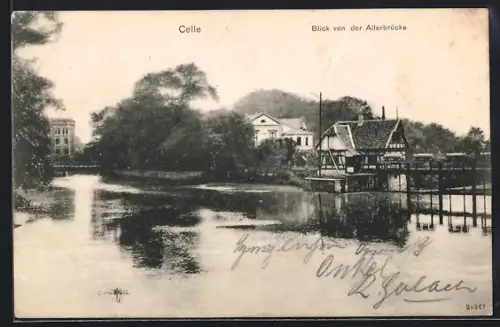 AK Celle, Blick von der Allerbrücke, Villen, Bootssteg