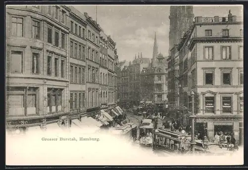 AK Hamburg, Grosser Burstah, Strassenszene mit Strassenbahn und Geschäften
