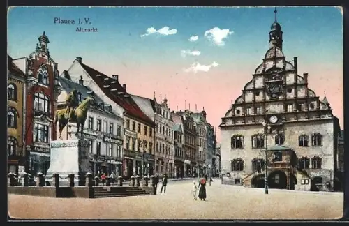 AK Plauen i. V., Altmarkt, Rathaus, Reiterdenkmal