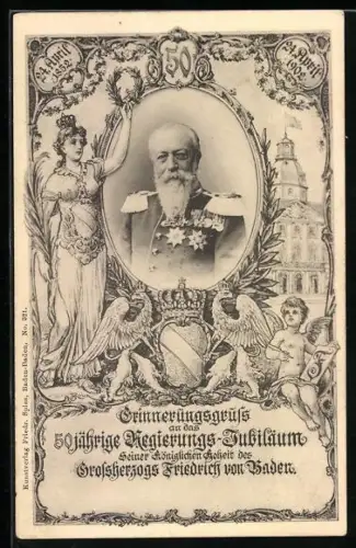 Künstler-AK Portrait Grossherzog Friedrich von Baden in Uniform mit vielen Orden, 50 jähriges Regierungsjubiläum 1902