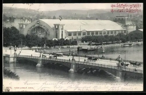 AK Zürich, Blick über die Limmat auf die Halle des Sängerfestes