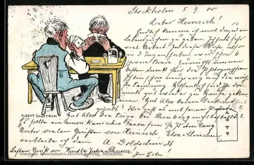 AK Zwei Männer beim angestrengten Kartenspiel